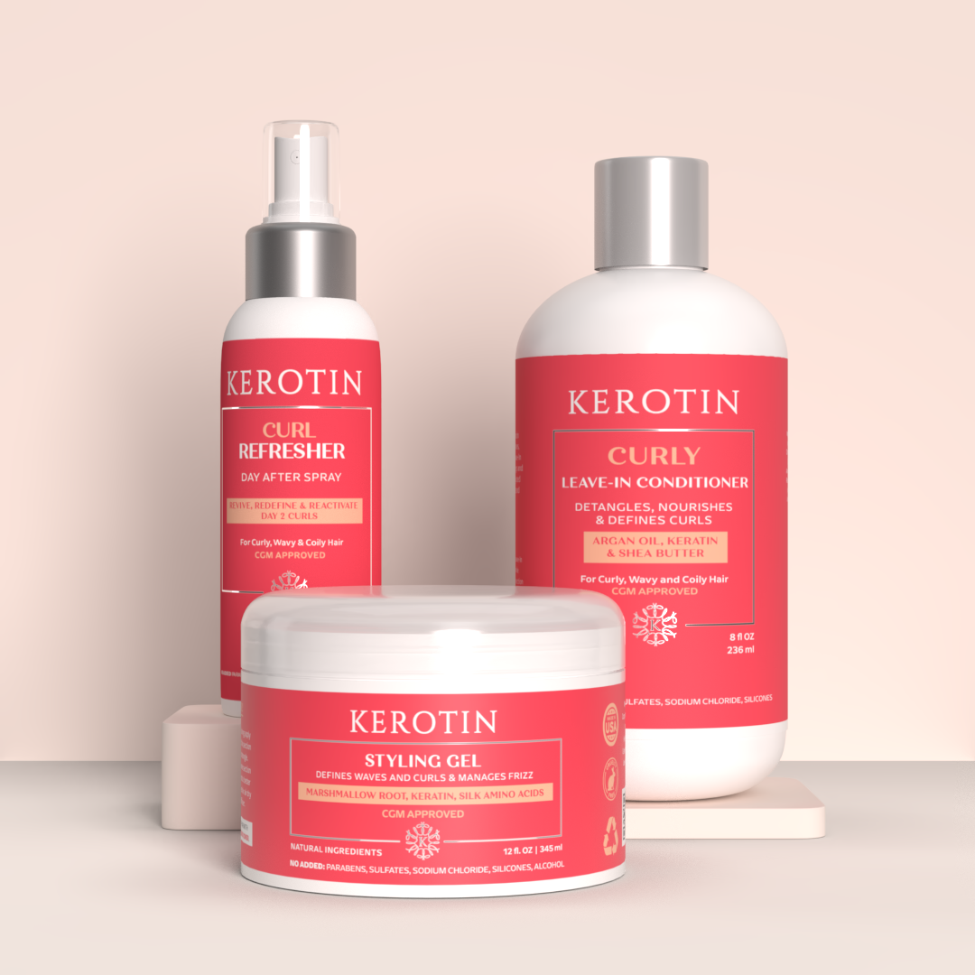 Kerotin Curly Approved Leave In Conditioner, Styling Gel & Curl